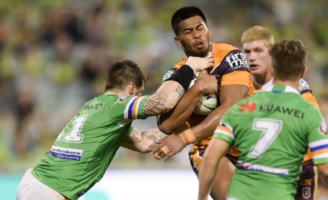 DEFENSIVE EDGE: The Canberra Raiders muscle up during Sunday's 26-22 win over the Brisbane Broncos. Picture: AAP/Rohan Thomson.