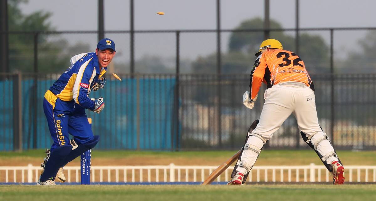 CAUGHT SHORT: Kooringal Colts wicketkeeper Luke Richardson
stumps Wagga RSL opener Ethan Perry for 25 off the bowling of
Will Oliver during Monday's Twenty20 clash at Robertson Oval.
Picture: Emma Hillier