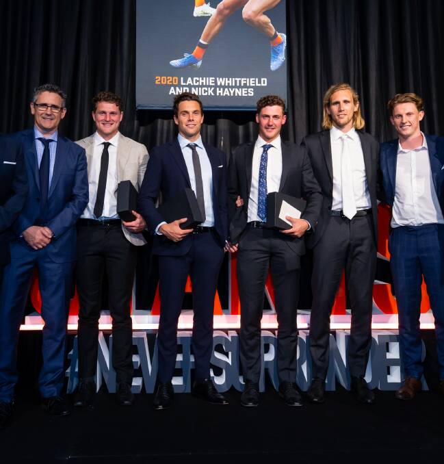 STRONG YEARS: Jacob Hopper (third from left) and Harry Perryman (fourth from left) finished fourth and third in the Giants' best and fairest. Picture: GWS Giants