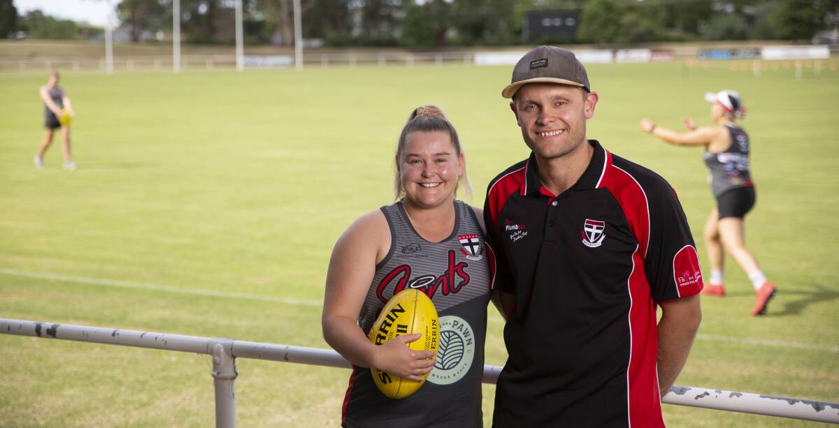 STEPPING UP: Brayden Skeers, pictured with partner and Saints player Kelsey Leaver, will coach North Wagga's women's side this year. Picture: Madeline Begley