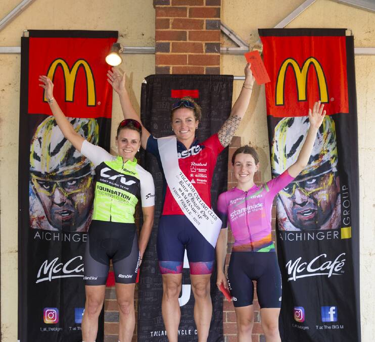 GOOD RESULT: Tolland Cycling Club's Bronte Stewart (right) finished third in the women's race behind Kim Lueck and Emma Viotto. Picture: Madeline Begley