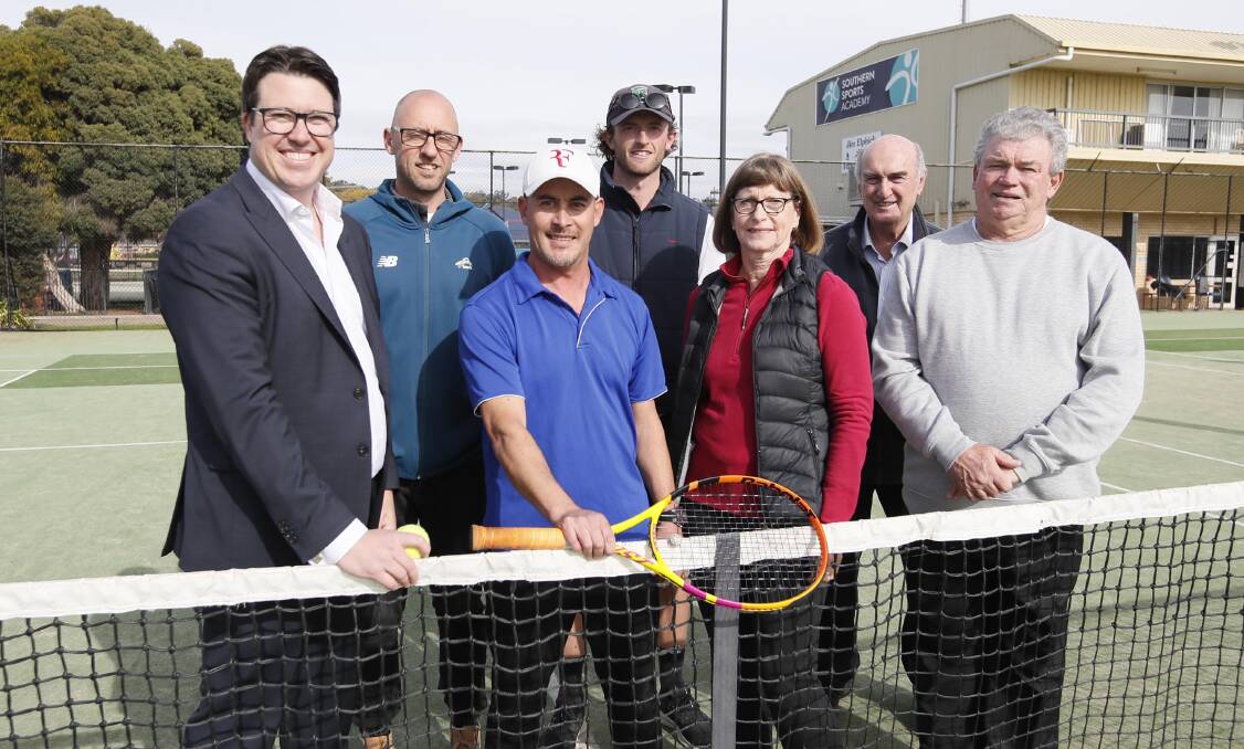 FUNDING BOOST: Tennis NSW Infrastructure
and Planning manager Brett Pettersen with local
stakeholders Tom Denahy, Heather Littlejohn,
Michael Marien, Paul New, John Ferguson and
Matt Hort. Picture: Les Smith