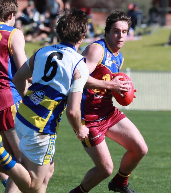 PRELIM READY: GGGM's Edward Daniher takes on MCUE's defence during last week's elimination final win. Picture: Les Smith