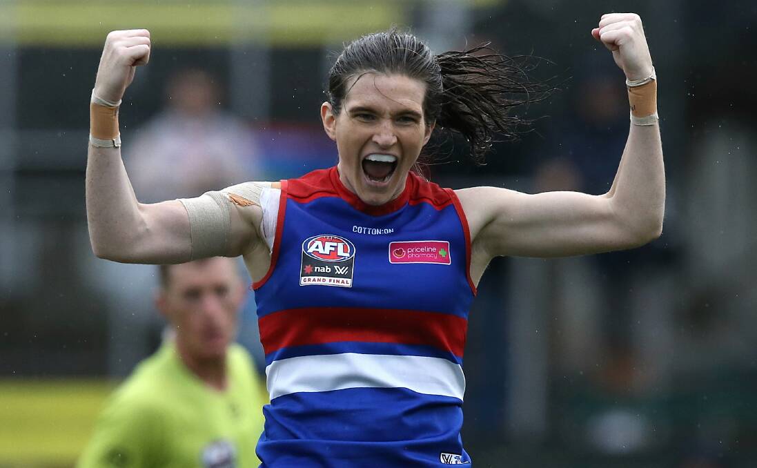 EXCITING TIMES: Western Bulldog Kirsten McLeod celebrates a goal during the 2018 AFLW grand final. Picture: Wayne Ludbey. 