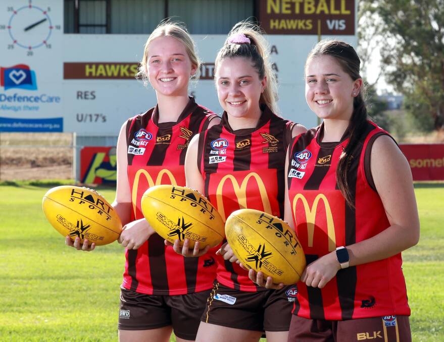 SENIOR DEBUT: East Wagga-Kooringal juniors Alex Read, Maddi McPherson and Zahli Meriton will play in the Hawks' first women's game on Friday. Picture: Les Smith