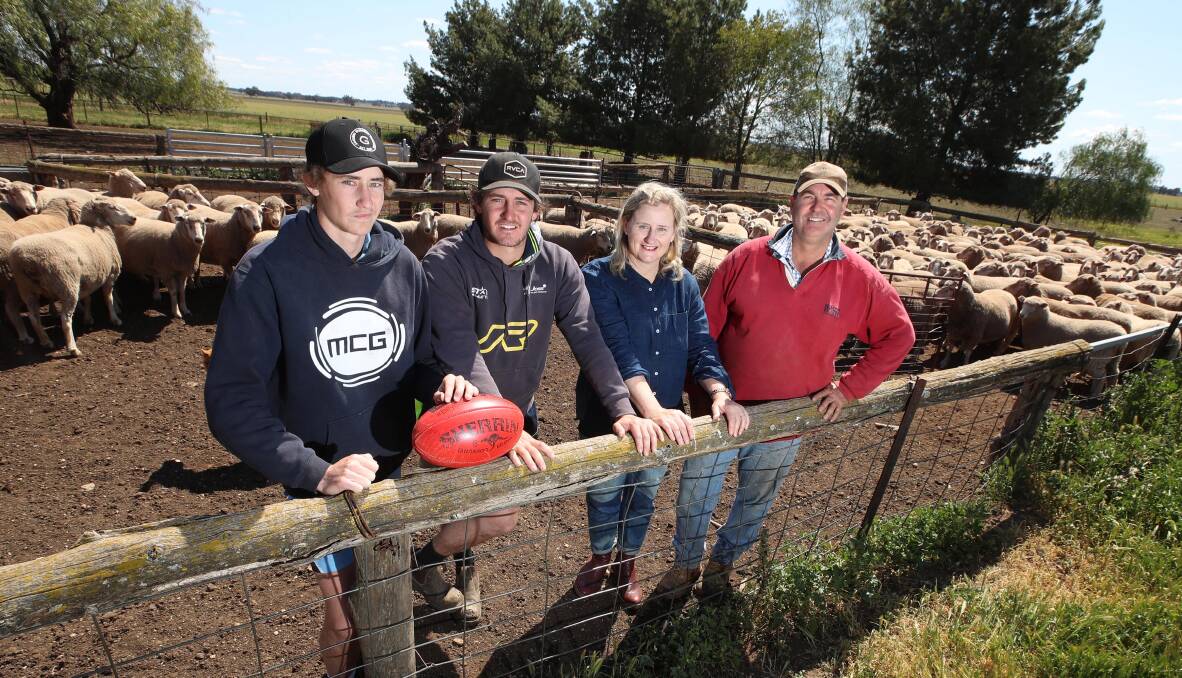 NERVOUS TIMES: GWS Giants player Harry Perryman's family at their farm near Collingullie this week. Brothers Ed, 19, Nick, 22, and parents Liz and Max. Picture: Les Smith