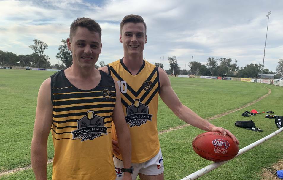 NASTY INJURY: Lewis Waters (left), pictured with Wagga Tigers teammate Nick Ryan after joining the club last year, is out with a broken jaw. Picture: Jon Tuxworth
