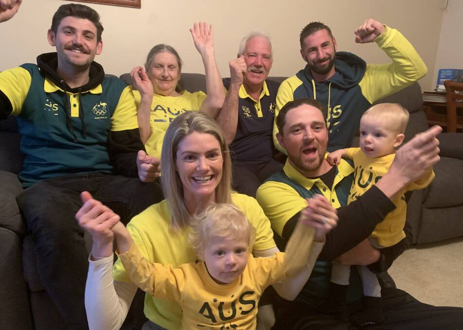 FAMILY AFFAIR: Dylan Martin's family will be cheering on from Wagga on Thursday night. Back (from left): brother Rhys, parents Lesley and Ross and brother Stuart. Front (from left): Sister Brooke Dean, and brother-in-law Jacob Dean with nephews Santino, three, and Valentine, one. Picture: Jon Tuxworth