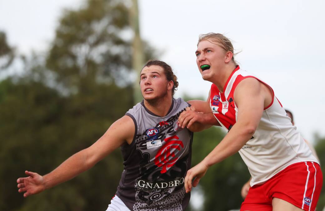 FOOTY'S RETURNING: Matthew Hobbs and Nathan Richards battle it out during a clash between Griffith and Collingullie-Glenfield Park in 2019. Picture: Emma Hillier