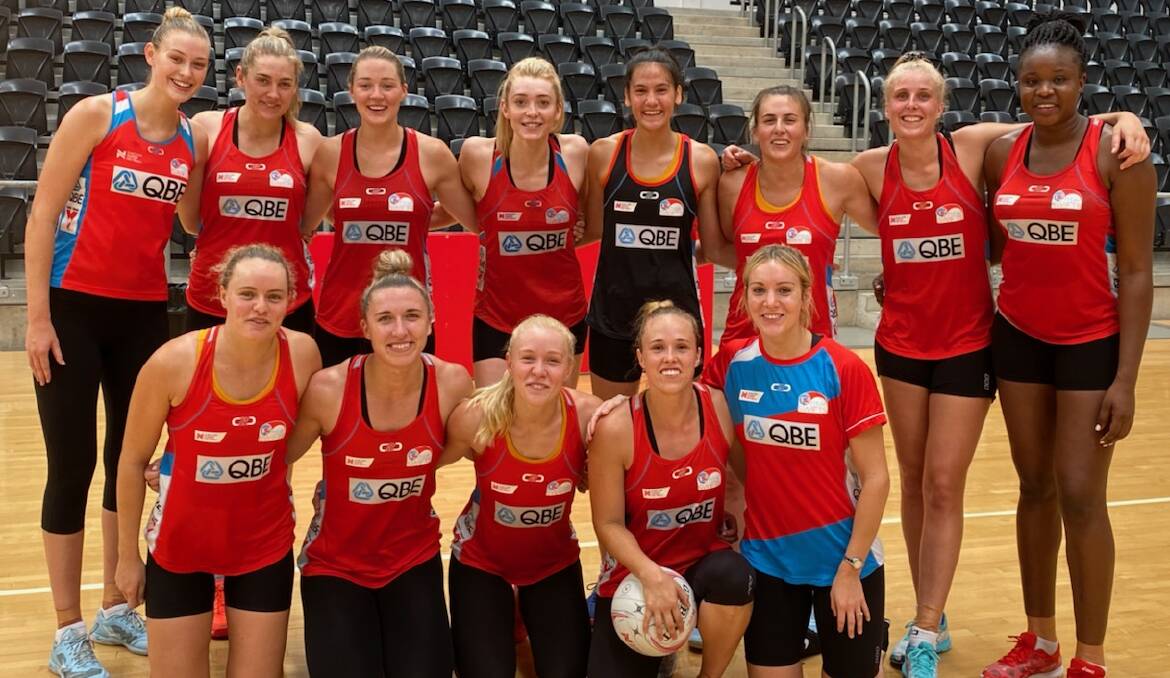 UP CLOSE: Wagga youngster Sophie Fawns (back, fifth from left) with the NSW Swifts Super Netball squad. Picture: NSW Swifts 