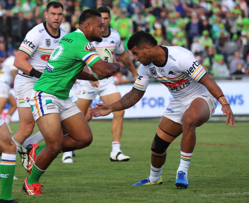 FOOTY'S BACK: Canberra Raiders Dunamis Lui takes on Penrith Panther Viliame Kikau during last year's NRL clash at Equex Centre in Wagga. Picture: Les Smith