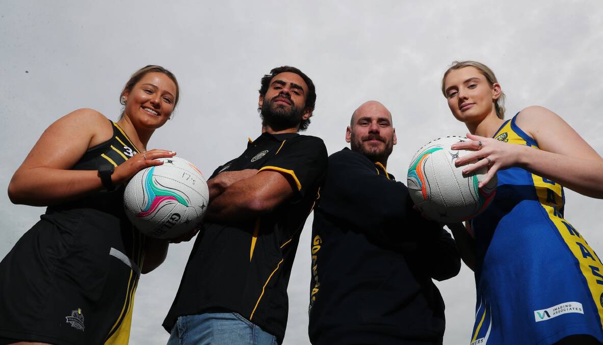 READY TO GO: Wagga Tigers Georgia Tilyard and
Jesse Manton, and MCUE's Jeremy Rowe and
Mikaela Cole are ready for Saturday's big football
and netball clashes. Picture: Emma Hillier