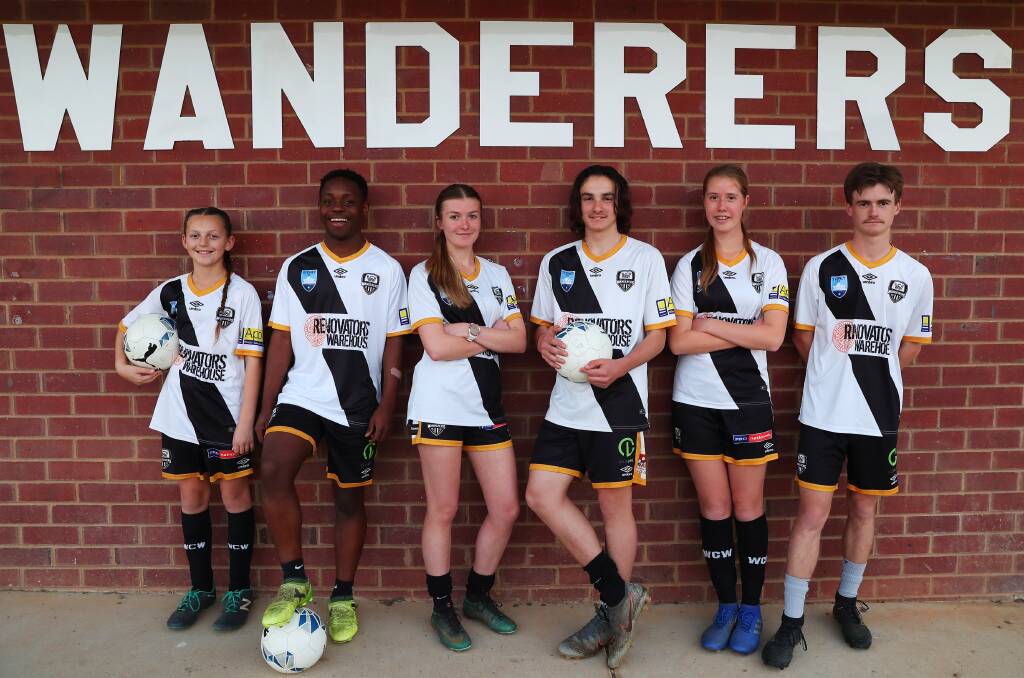 FINALS FEVER: Wagga City Wanderers players Madeline Angel, 11, Ano Matowe, 17, Tia Lyons, 17, Samson Lucas, 15, Zoe Jenkins, 15 and Sam Jones, 19, will all play in National Premier League ACT preliminary finals. Picture: Emma Hillier
