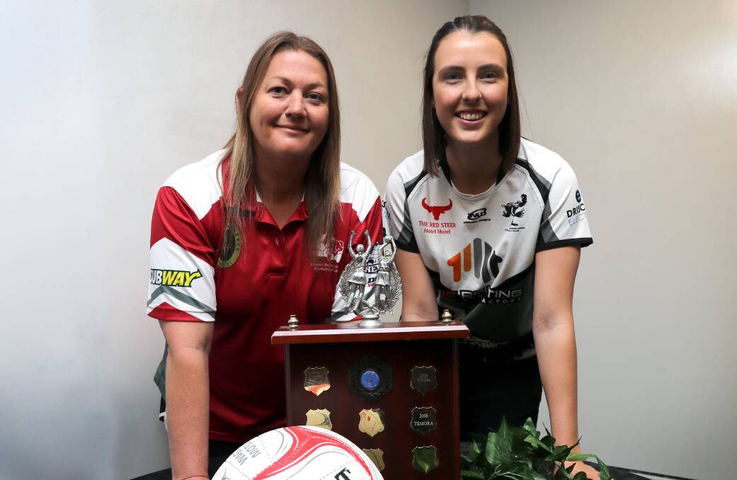 STEPPING BACK: Emily O'Leary (left, pictured with CSU coach Kirsty Lowe before last year's Farrer League grand final) has handed over the TRYC coaching reins to sister Sarah. Picture: Les Smith