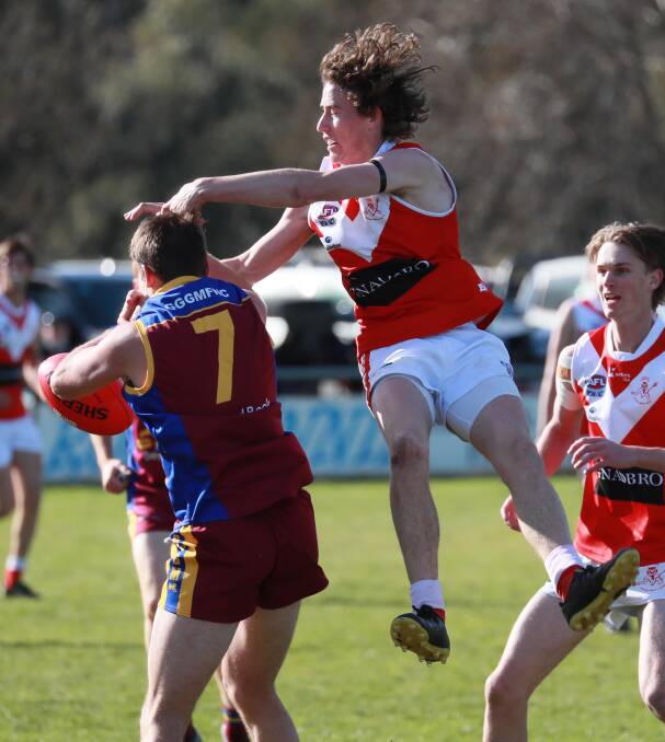 INFLUENTIAL: Ed Perryman (right) kicked five goals in Collingullie-Glenfield Park's win over Turvey Park. Picture: Les Smith
