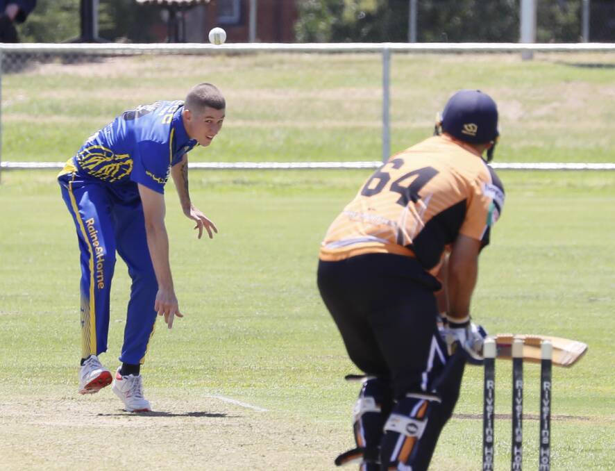 STRONG WIN: Nick Bembrick sends down a delivery during Kooringal's victory over Wagga RSL. Picture: Les Smith