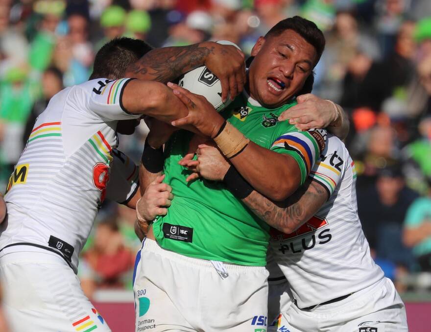 BACK IN: Canberra enforcer Josh Papalii, pictured playing against Penrith at Wagga in 2019, will return to the Raiders side for Saturday's clash at Equex Centre. Picture: Les Smith