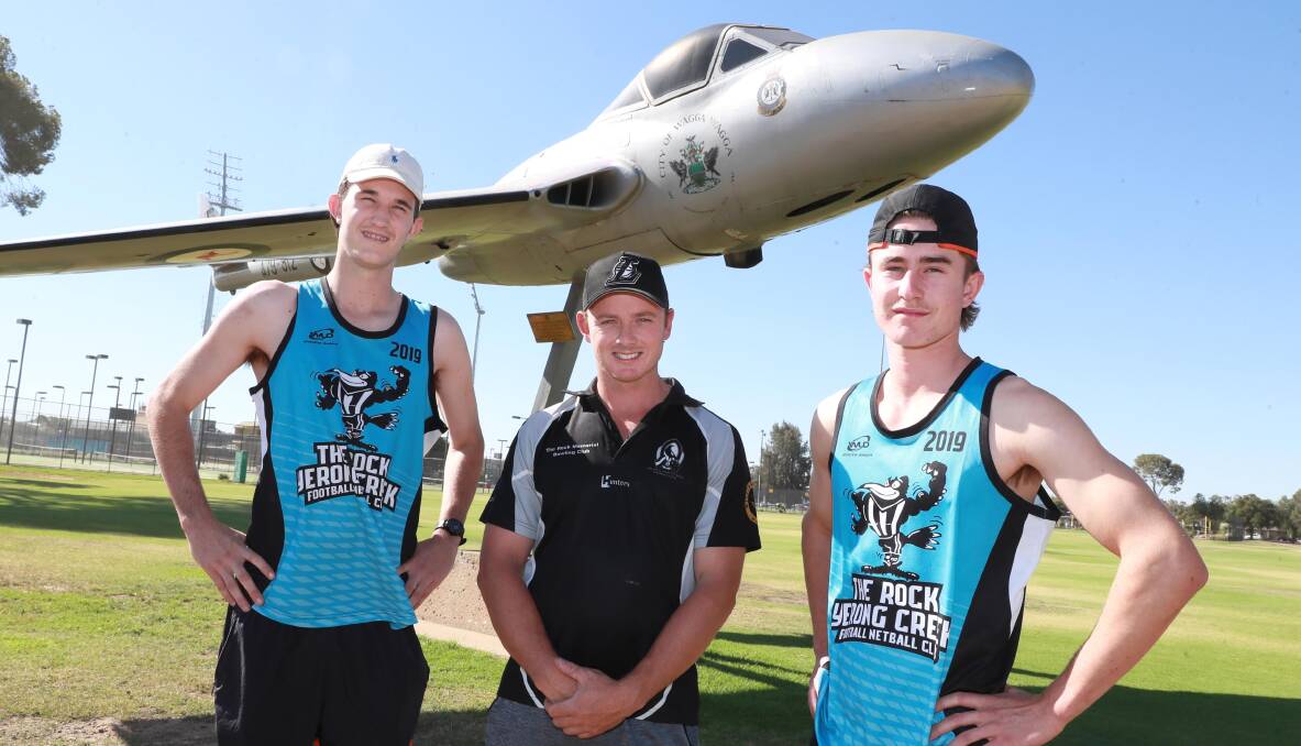 RISING STAR: Jack Driscoll (left) with The Rock-Yerong Creek coach Ted Fellows and Luke Fellows late last year. Picture: Les Smith