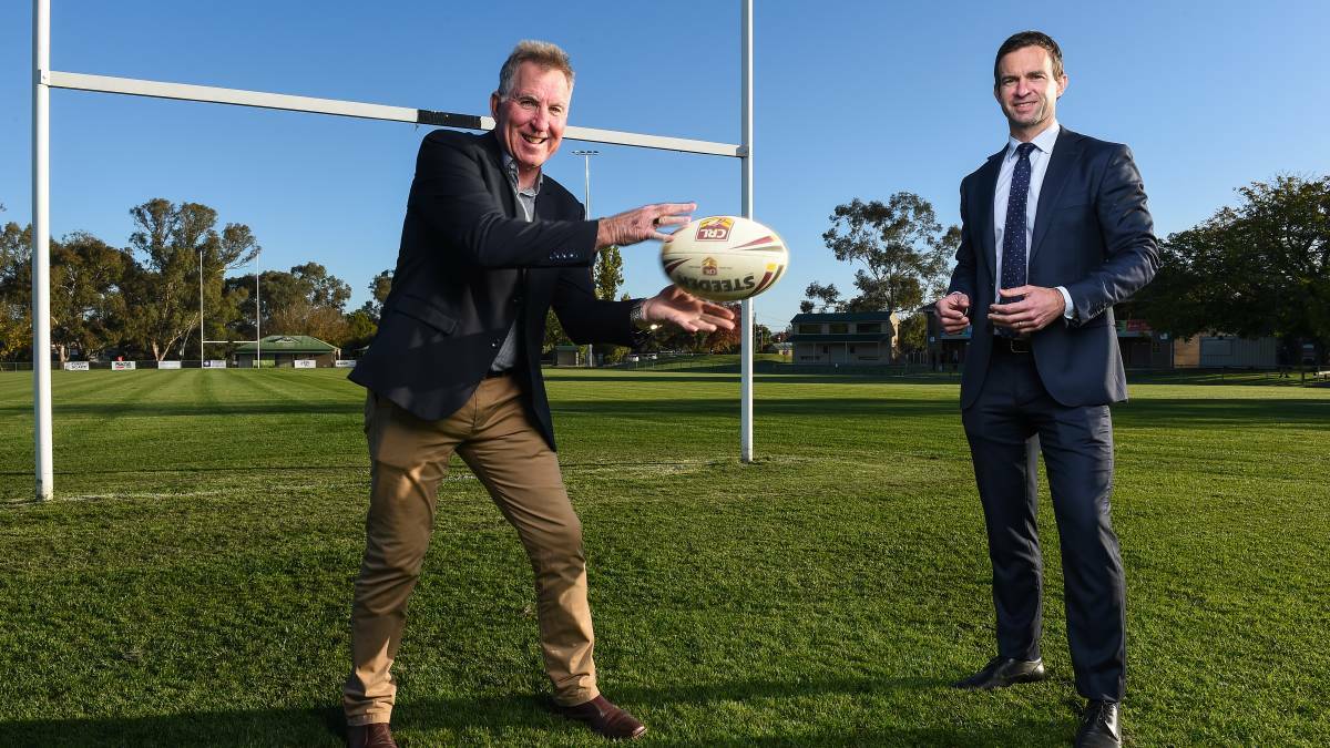 Albury mayor Kevin Mack and Storm CEO Dave Donaghy at Greenfield Park earlier this week. Picture: Mark Jesser/Border Mail
