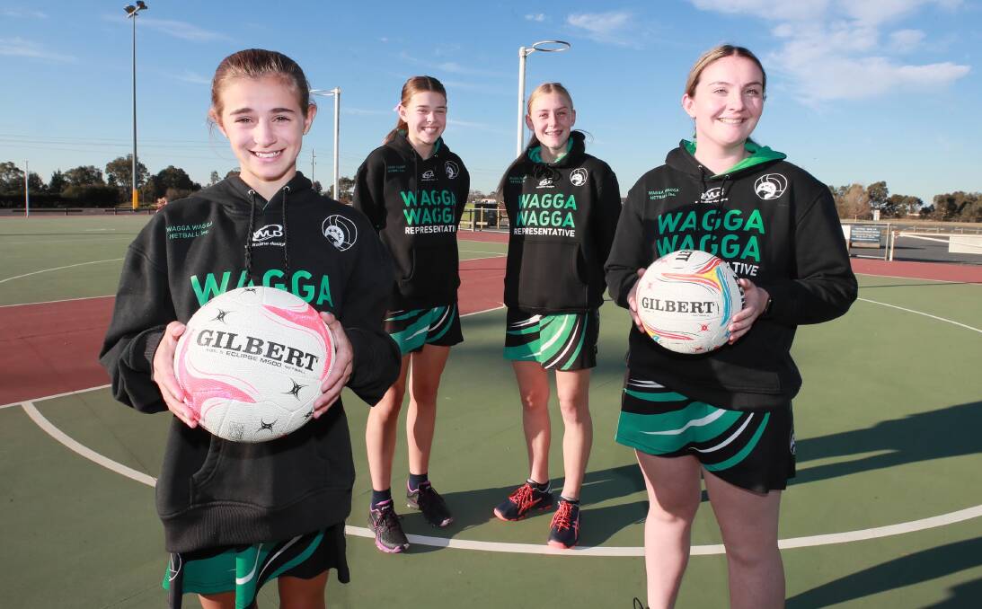 READY: Wagga netballers Scarlett Wadley, 12, Zali Wheatley, 13, Claudia Wheatley, 15 and Phoebe Wadley, 17. Picture: Les Smith