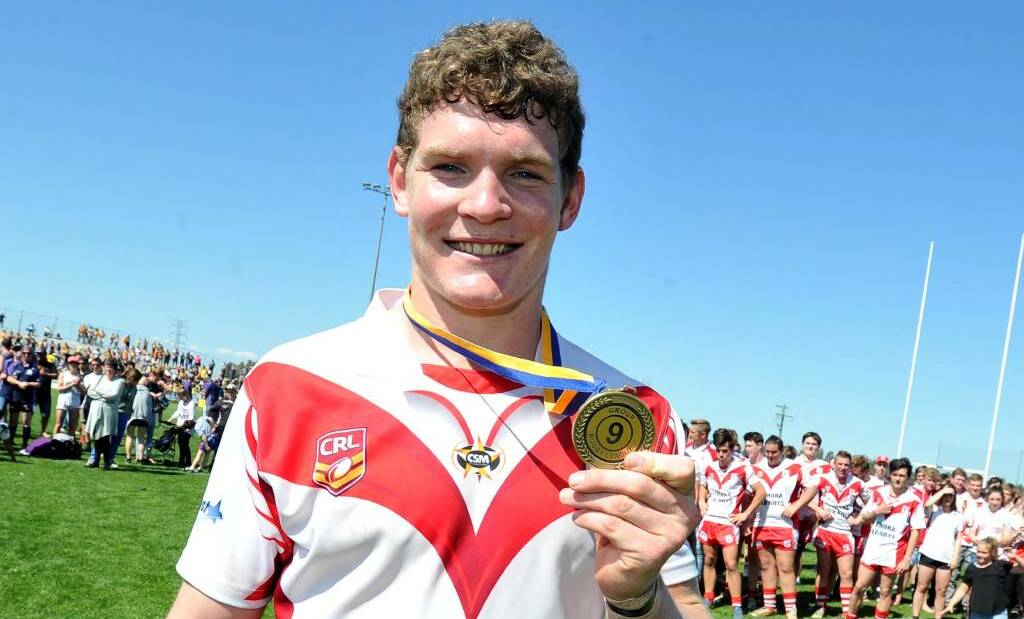 Liam Martin after being named player of the match in Temora's under-18 grand final win in 2015. Picture: Les Smith