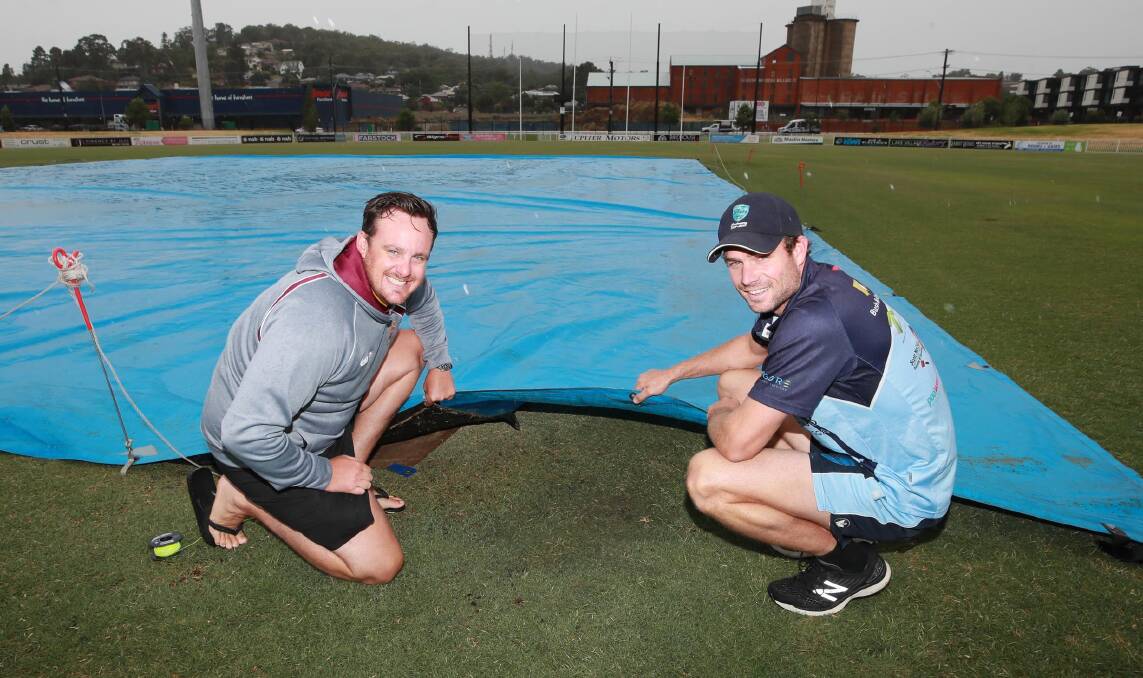 NO PLAY: Lake Albert captain Isaac Cooper and South Wagga skipper Luke Gerhard at Robertson Oval on Thursday, before their Larkins, Mumford and Rogers Cup clash was washed out on Saturday. Picture: Les Smith 