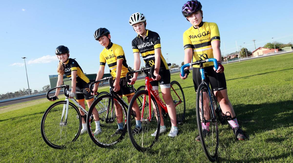 ON YA BIKE: Wagga Cycling Club members (from left) Georgia Thompson, 14, Sydney Wang, 12, Bethany Cattell, 14 and Lexie Phillips, 11 will compete in this weekend's junior state road championships at Wantabadgery. Picture: Les Smith