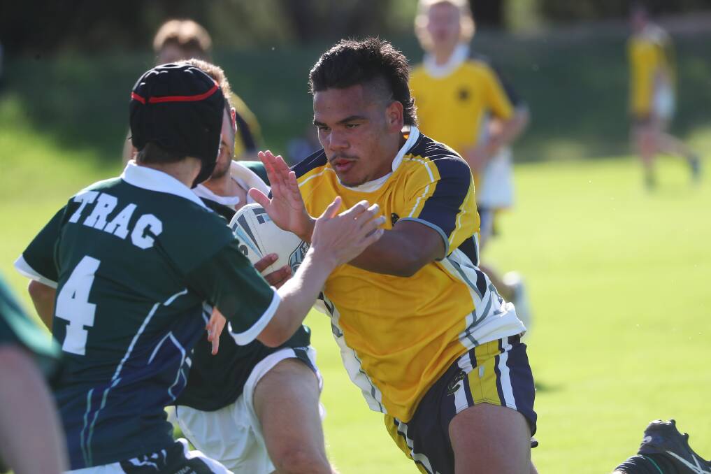 LEADER: Kooringal High School captain Joel Tracey takes a hit-up during his side's Hardy Shield semi final win over TRAC. Picture: Emma Hillier