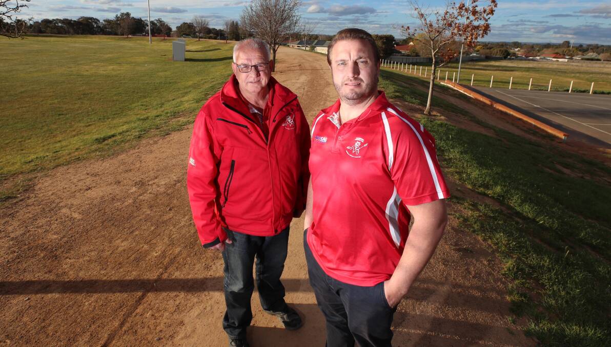 UNCERTAIN TIMES: Collingullie-Glenfield Park president Tony Dean with new Demons head coach Brett Somerville after his appointment. Picture: Les Smith