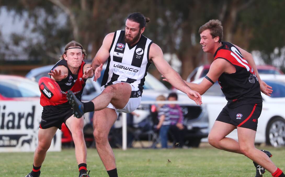 RETURNING: Riley Budd gets a kick away for The Rock-Yerong Creek against Marrar earlier this year. 