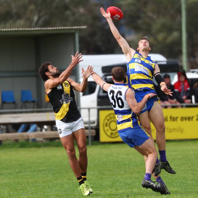 TIGERS WIN: Jesse Manton tries to take a mark on his way to four goals in Saturday's win over MCUE. Picture: Emma Hillier
