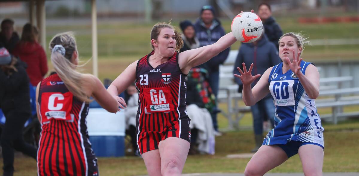 FINALS READY: North Wagga goal attack Abby Byrnes takes a pass during the Saints' clash with Temora earlier this month. Picture: Emma Hillier