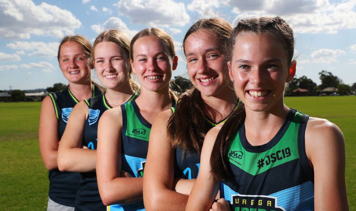 READY TO GO: Annie Vonarx, 15, Ruby Browning, 15, Emma Suckling, 16, Elysia Smith, 14 and Alex Maiden, 14 will represent Wagga in the Junior State Cup Southern Conference this weekend. Picture: Emma Hillier
