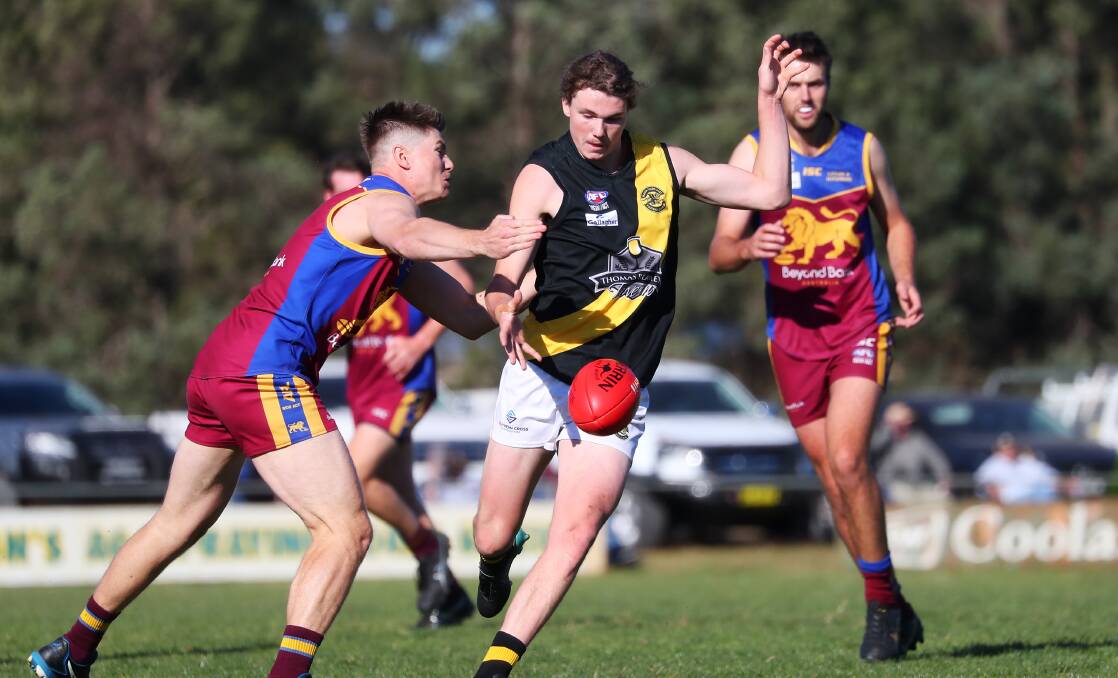 FINGERS CROSSED: Wagga Tiger Isaac Bennett in action against Ganmain-Grong Grong-Matong earlier this season. Picture: Emma Hillier