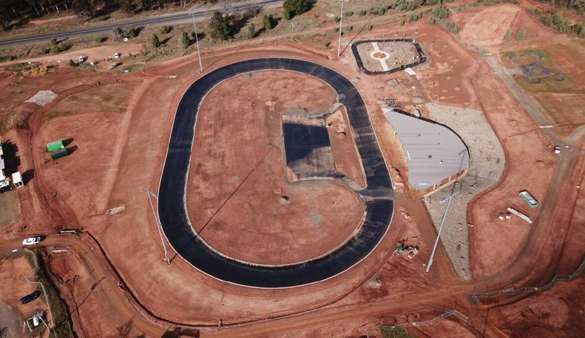 ON ITS WAY: The velodrome at the Wagga's new cycling complex is taking shape. Picture: Wagga City Council
