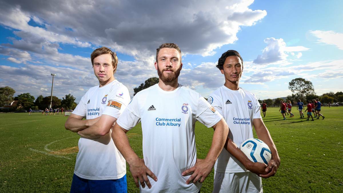 WAGGA BOUND: Patrick Brown, David Samiec and Suk Bhattarai will be part of the Albury City FC team to play in Wagga's Pascoe Cup this year. Picture: James Wiltshire/The Border Mail
