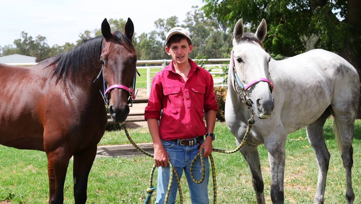 DOUBLE TROUBLE: Wagga trainer Rod Woodhouse will have two hopes in tonight's Junee Pacers Cup in We Salute You and Tim Keepa Lombo, pictured with stablehand Aaron Day. Picture: Emma Hillier
