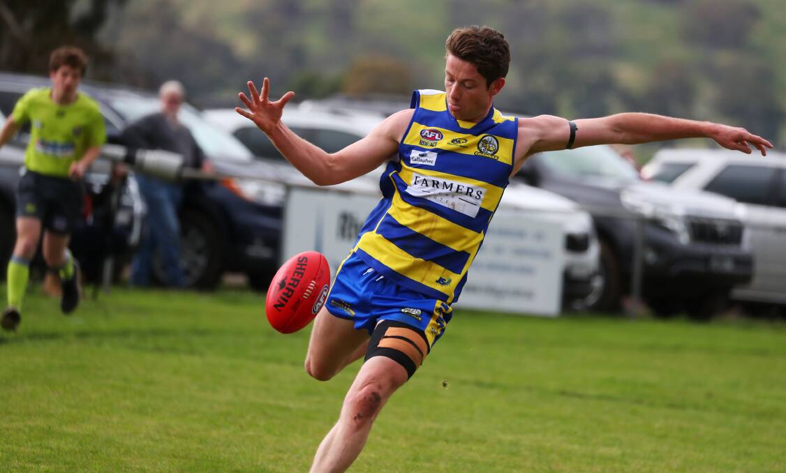 NEW GUIDELINES: Harry Collins gets a kick away during MCUE's loss to Wagga Tigers on the weekend. Picture: Emma Hillier