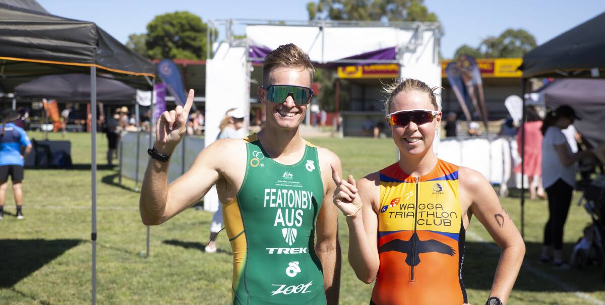 ALL SMILES: Albury's Jesse Featonby and Wagga's Annabel White
after claiming victory in the men's and women's division at Sunday's
Ganmain Triathlon. Picture: Madeline Begley. 