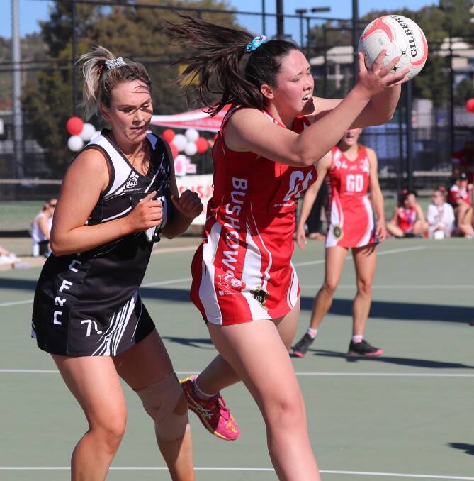TIGHT DEFENCE: The Rock-Yerong Creek's Ella Finemore marks CSU shooter Kelsey Hanlon in Saturday's grand final. Picture: Les Smith