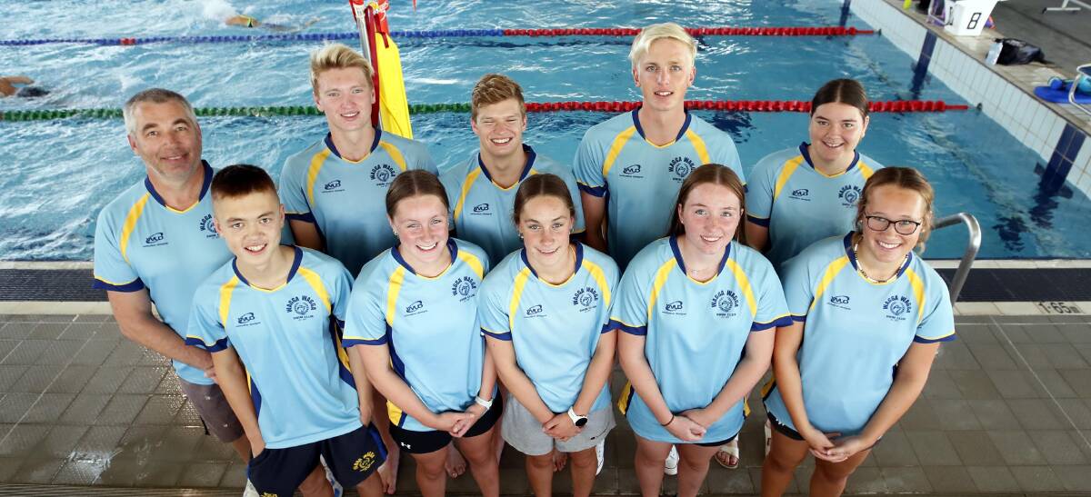 BIG STAGE: Kade Knight (back, third from left) and Jamie Mooney (back, fourth from left) will compete in this week's Australian Swimming Championships. Picture: Les Smith