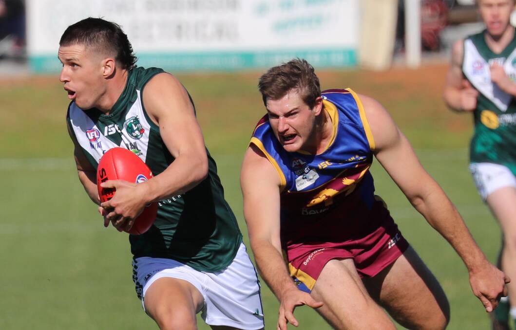 STEPPING UP: Coolamon's Jake Barrett on the burst against Ganmain-Grong Grong-Matong in 2019. Picture: Les Smith