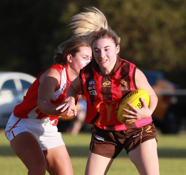 HARD YARDS: East Wagga Kooringal's Katelin Wallace tries to shrug off CSU's Emma Dickinson during their clash at Gumly Oval on Friday. Picture: Les Smith