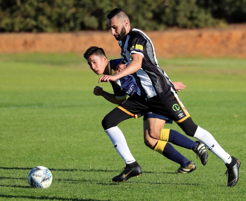 KEEN TO REBOUND: Fred Gardner in action for Wagga City Wanderers against Souhern Tablelands a fortnight ago. Picture: Les Smith. 