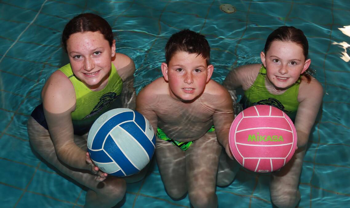 ON THE MOVE?: Wagga Wagga Water Polo youngsters Lucy Hall, 13, Tom Shumack, 11 and Bella Shumack, 11 at Oasis Aquatic Centre on Friday. Picture: Les Smith