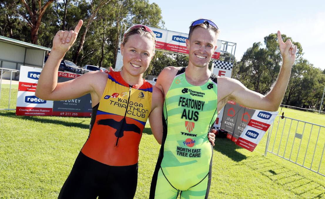 Jesse Featonby and Annabel White made it two from two respectively in this year's Riverina Tri Series thus far with victory at The Rock. Pictures: Les Smith