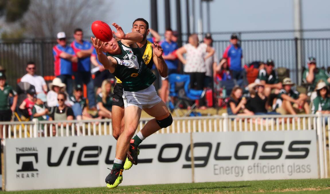 STANDOUT: Jeremy Maslin, pictured taking a mark against Wagga Tigers in 2019, was one of the Hoppers' best in Saturday's trial against St George. Picture: Emma Hillier