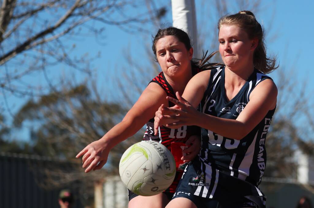 DO OR DIE: North Wagga's Frances Heffernan and Coleambally's Tessa Evans compete for the ball during Sunday's Farrer League elimination final. Picture: Emma Hillier