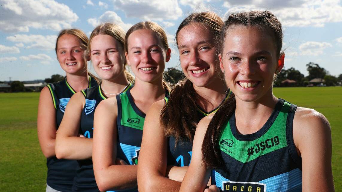 BACK IN TOWN: Wagga players Annie Vonarx, Ruby Browning, Emma Suckling, Elysia Smith, and Alex Maiden before this year's Junior State Cup. Picture: Emma Hillier