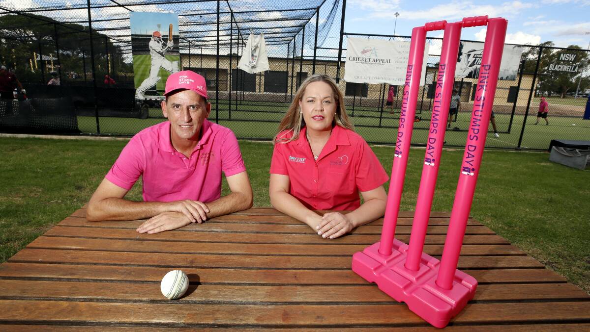 GOOD CAUSE: South Wagga fourth grade captain Damian Armstrong catches up
with Wagga-based breast care nurse Monica Jessop. The Blues will hold a Pink Stumps
Day fundraiser at their match on Saturday. Picture: Les Smith